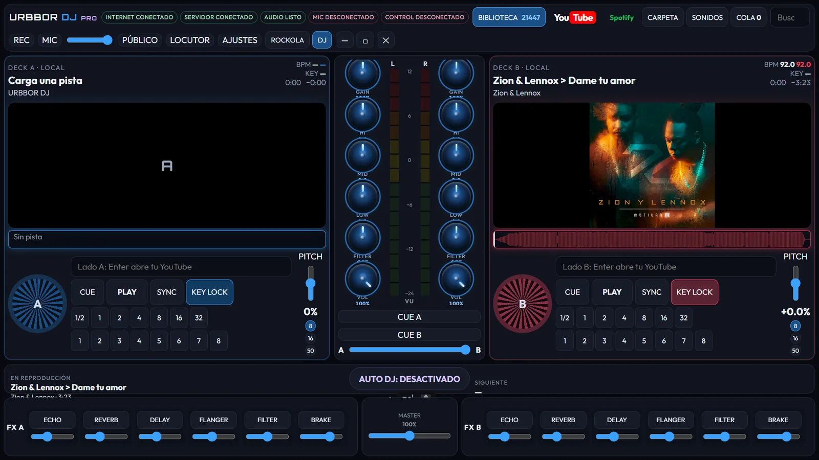 URBBOR DJ in action: two decks with cover art, mixer, VU meters, effects and Auto DJ