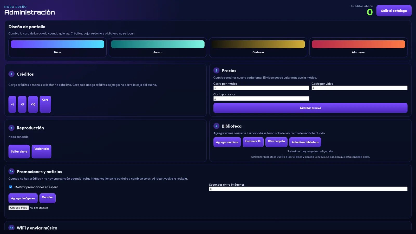 Administración: diseños, créditos, precios y biblioteca